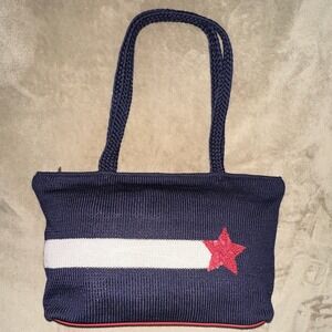 The Sak Navy Striped Star Tote Bag Beaded Zip Top Red Lining Inner Pockets